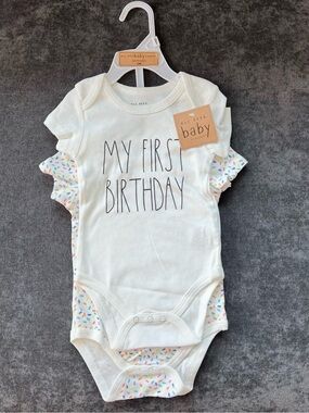 NWT Rae Dunn 'My First Birthday' Onesie 2 Pack Size 12 Months